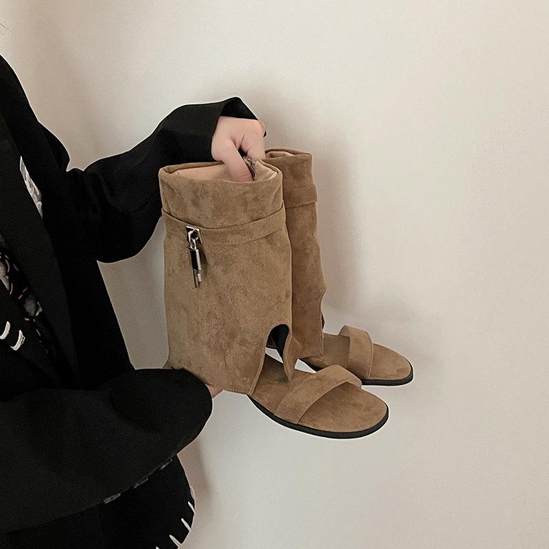 Versatile one-word with short boots retro open-toed cool boots women's summer fashion temperament western trousers boots wedges sandals