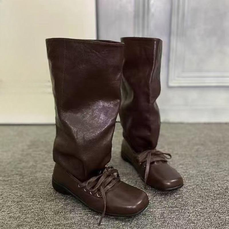 Módní kozačky do půli stehen Podzimní Nové Kulatá špička Rukáv Šněrování vpředu Měkká podrážka Odolné proti opotřebení Nízký podpatek Boty