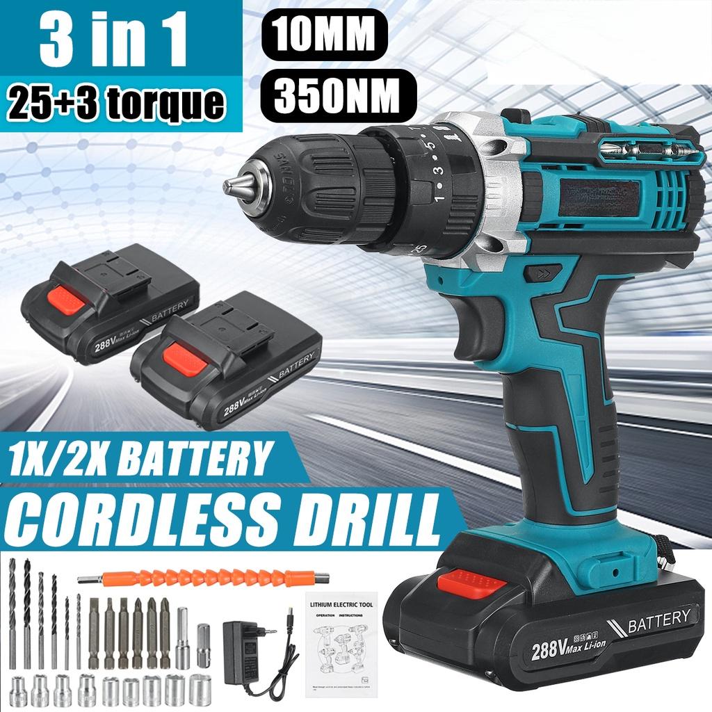 288VF 3 In 1 350 Nm 1/2" Hammer Drill With Drill Kit+Screwdriver Power Tool Rechargeable Cordless Drill Brushless Impact Driver