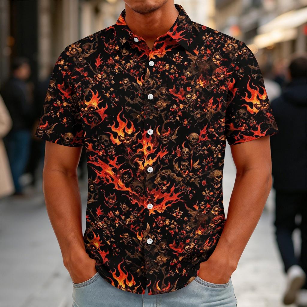 Herren Halloween Print Vintage Textur Hemd Knopfleiste Locker Atmungsaktiv Sommer Sport Street Lässig Tägliches Oberteil