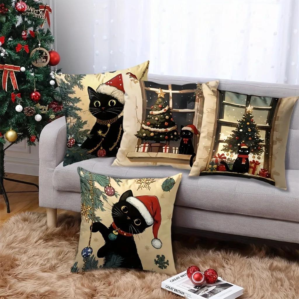 1Pc Charming Christmas Black Cat Pillowcases: Festive Decor For Your Home Sofa Room Cushion Cover Home Decoration New Year Gift
