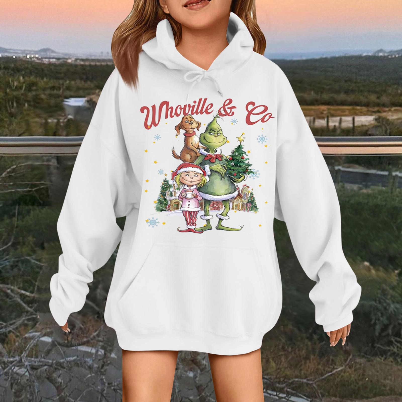 

Children s Fashionable Casual Long-sleeved Loose Christmas Print Pullover Hooded Sweatshirt 150 белый