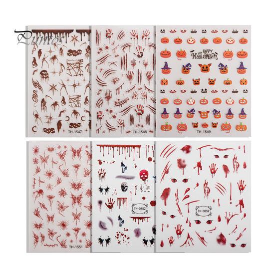 Easy to Apply Nail Decals 6 Sheets Halloween Stickers for Women, Pumpkin Ghost Bat Skull Design Manicure Decoration Decals, Art Accessories Home Salon