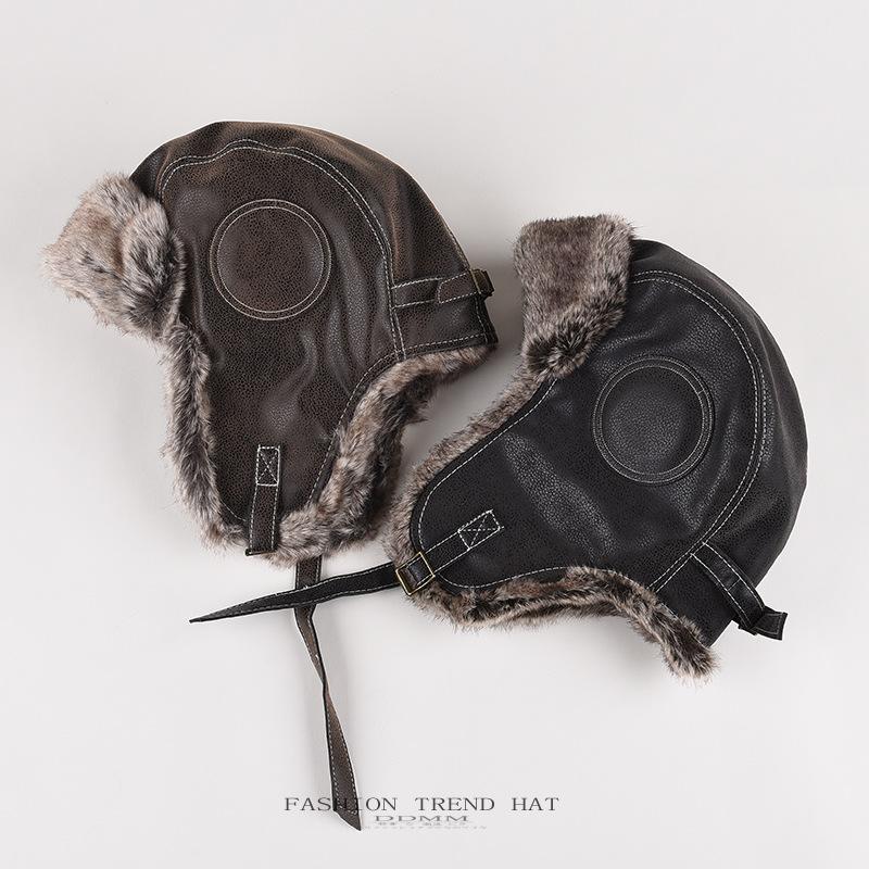 Leather caps for men and women, winter thickened warm ear protectors, windproof cycling pilots, locomotive caps, foreign trade