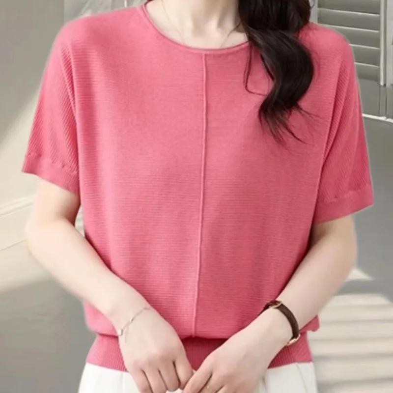 Women's Light Green Crew Neck Knit Top Short Sleeve Batwing Sleeve Casual Loose Blouse