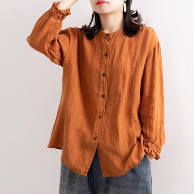 Asiatische Größe Einfarbig Baumwolle Leinen Hemd Frauen Langarm Bluse O Neck Button Up Übergroße Hemden Damen Tops