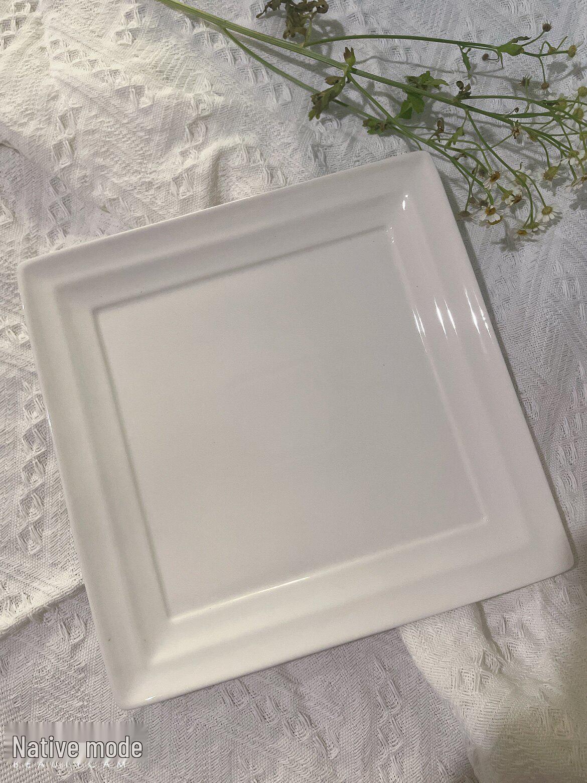 French Style White Ceramic Square Plate for Western Cuisine 8-inch Double Pattern Square Plate 20cm
