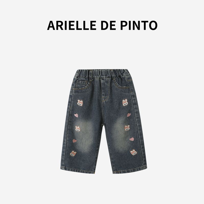French Arielle De Pinto Girls  Pants Autumn New Style Cute Girl Heart-Shaped Rabbit Jeans Blue 140