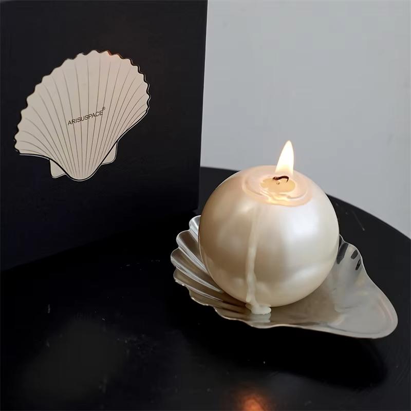 Cute Shell Pearl Scented Candles With Stainless Steel Plate Tray 1pcs Stuis Noke-free Atmosphere Home Decoration