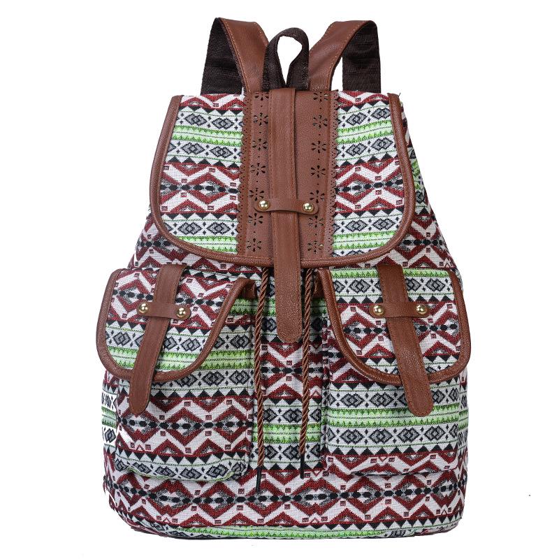 Ethnic Style Retro Patterned Backpack Canvas Women's Bag Fashionable and Personalized Travel Drawstring Small Backpack
