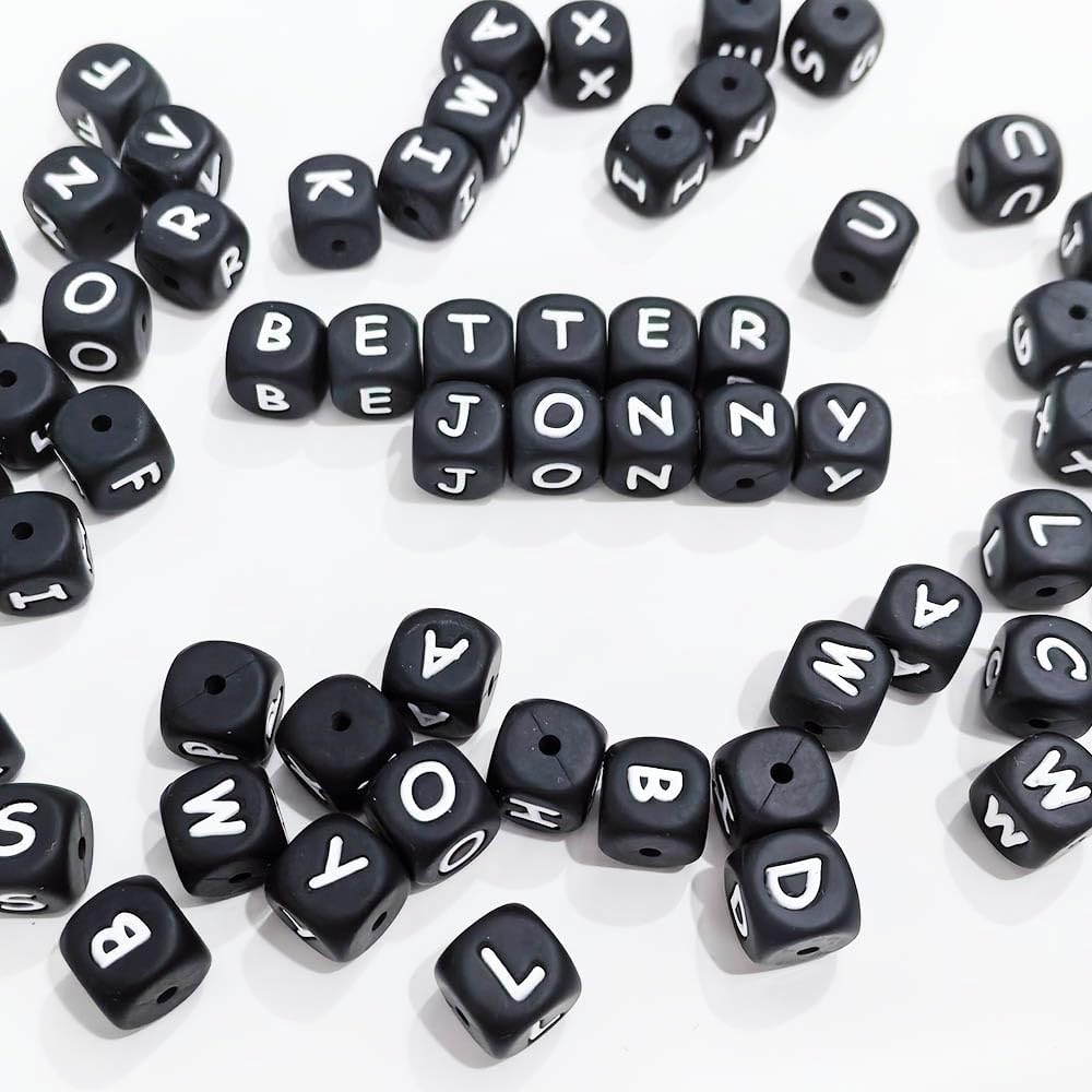 BetterJonny 105-Piece Silicone Alphabet A-Z Letter Beads, 12mm Square, Black, for Necklaces, DIY Bracelets, Crafts, and Jewelry Making, with String