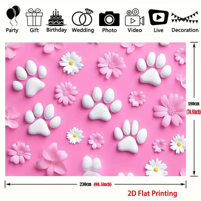2D Pink Paw Print Backdrop Daisy Flower Pet Birthday Party Background