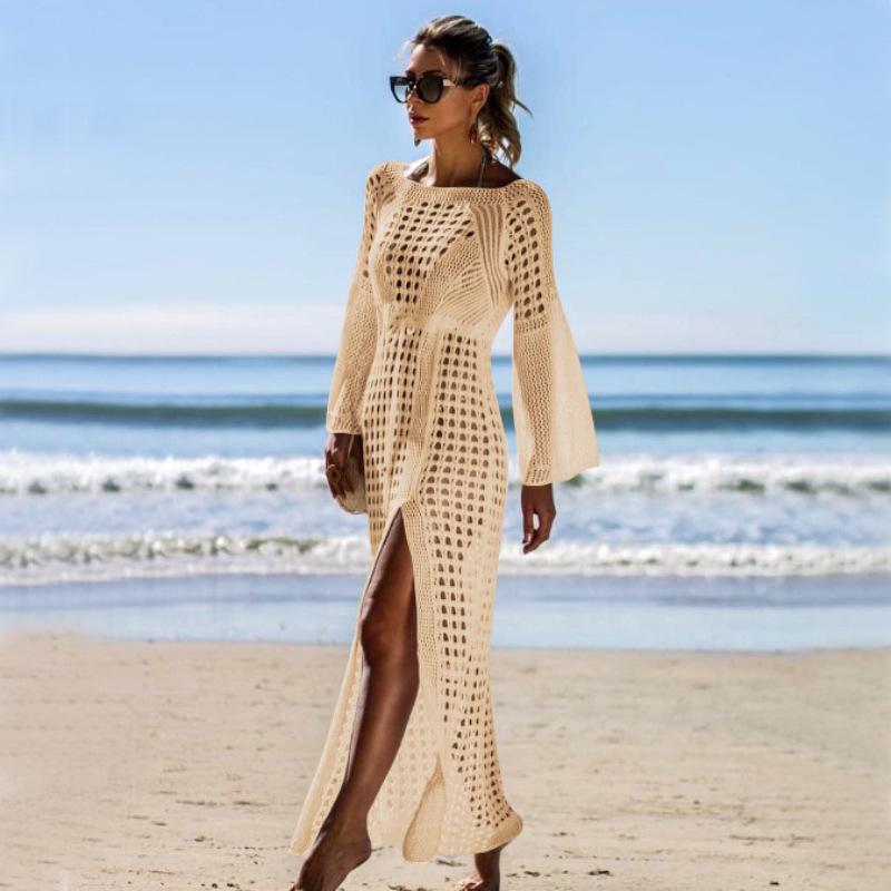 European & American Seaside Vacation Knitted Bikini Cover-Up with Trumpet Sleeves and Hollow Slit Long Skirt