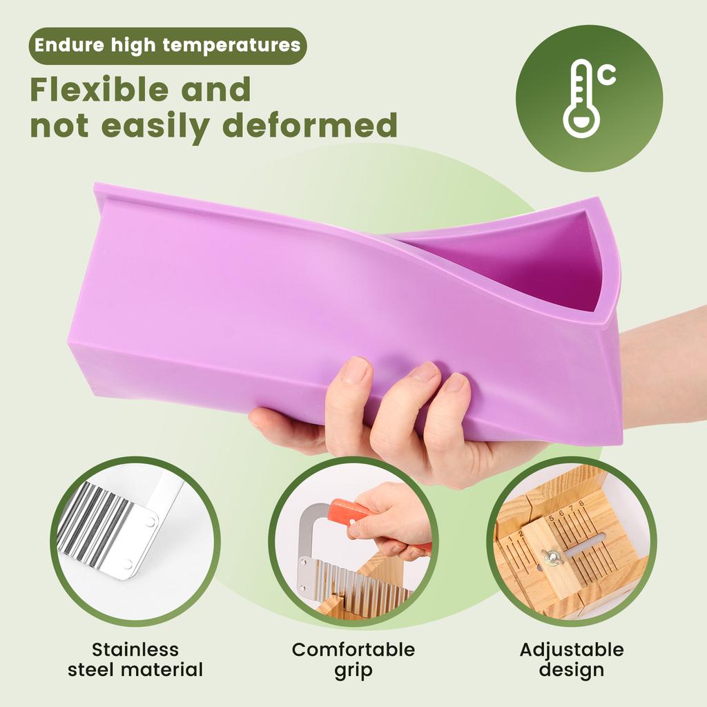 1.4L Soap Making Kit Soap Molds Wooden Silicone Soap Rectangular Mold with Stainless Steel Wavy and Straight Cutter Multipurpose