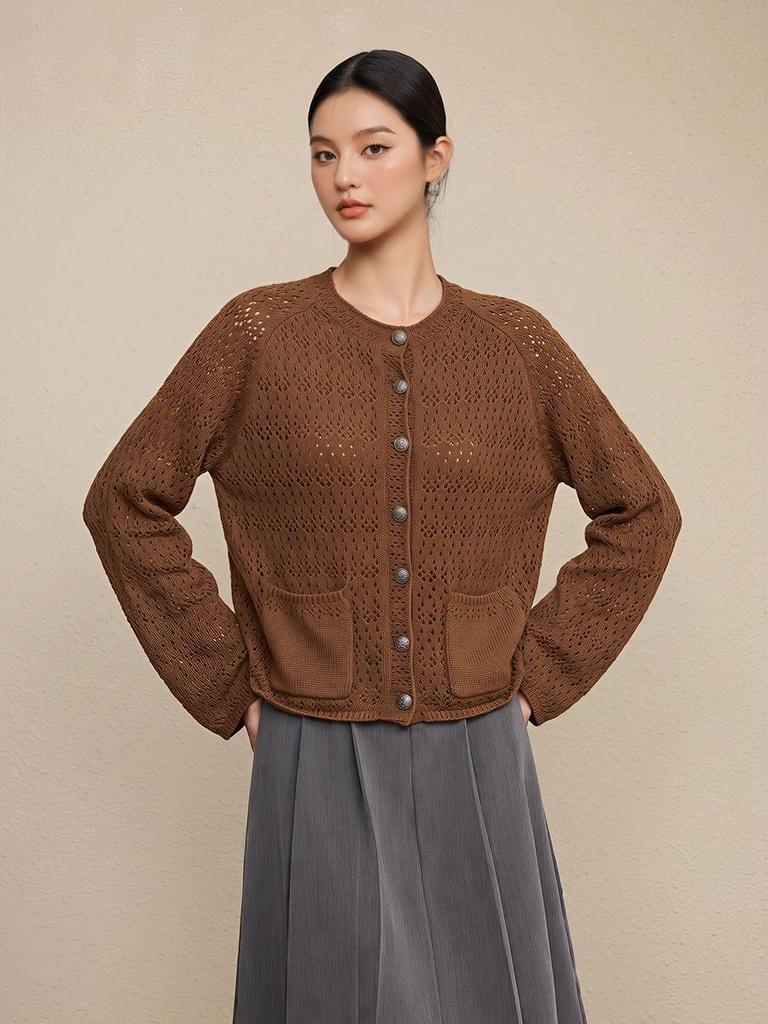 Nanyou Women's Autumn 2026 Round Neck Loose Knit Cardigan - Double Pocket, Hollow Design