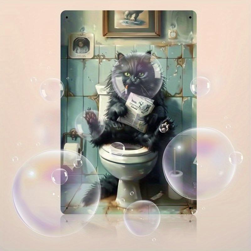Décoration de Chambre 1 pièce Chat Noir Lisant le Journal sur les Toilettes Plaque Métallique - Décoration Murale Humoristique de Salle de Bain, Plaque Métallique Vintage, Amoureux Unique des Chats