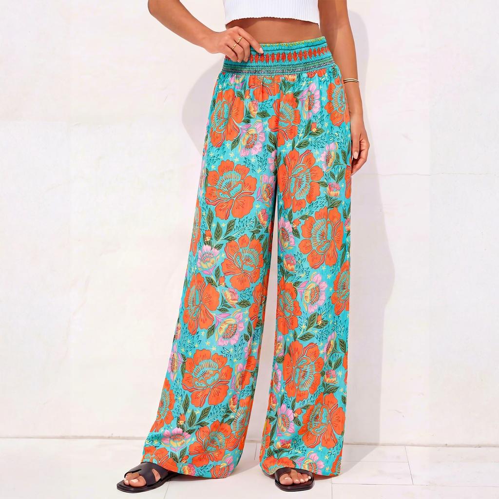 Women Plus Size Wide Leg Palazzo Pants Summer Boho Floral Print High Waist Elastic Waistband Lounge Trousers with Pockets