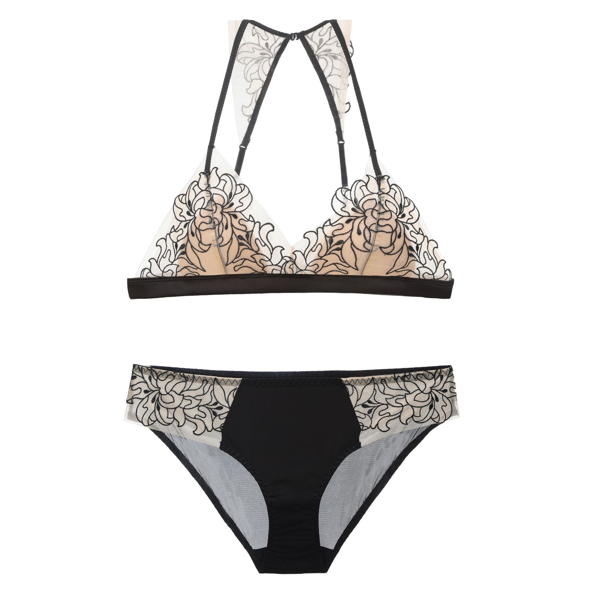 

French steel-rimless underwear, sexy thin straps, pure desire cross, beautiful back underwear, large chest and small large size bra cover. S чорний