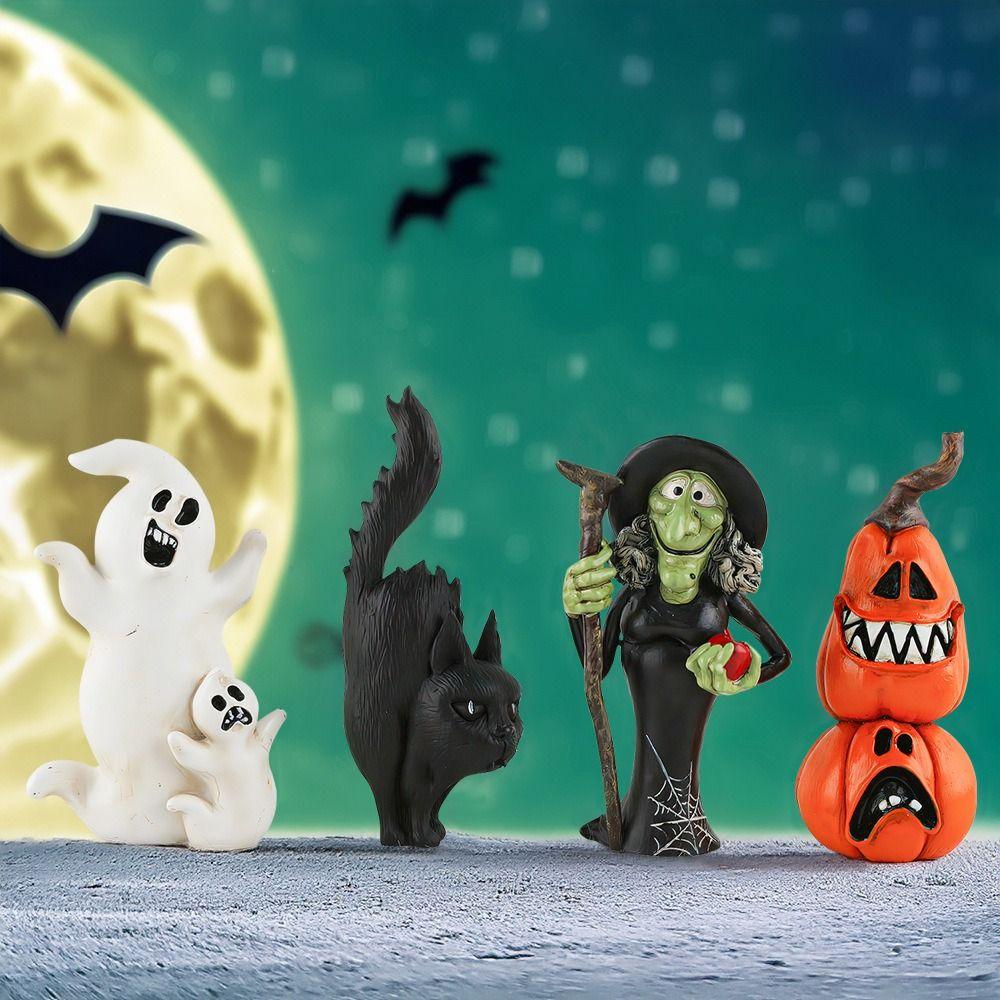 Resin Pumpkin Witch Black Cat Statue 3D Halloween Ornament  Holiday Party Supplies