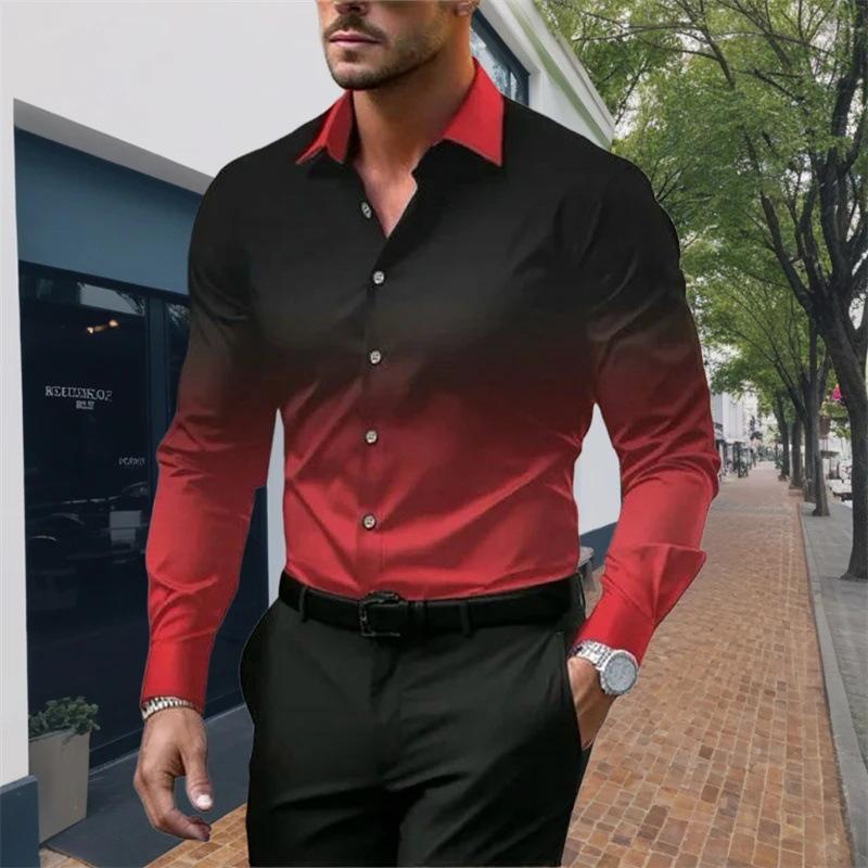 Spring Autumn Long Sleeved Shirt for Men with Sense of Luxury Gradient Lapel Loose Buttons Versatile Versatile Shirts Men’s