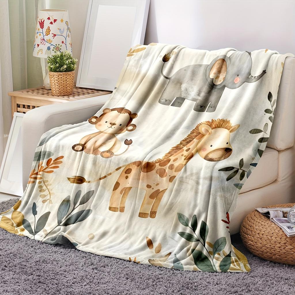 1pc Cozy Animal Zoo Flannel Blanket - Soft & Warm Giraffe, Elephant, Monkey Design with Watercolor Illustrations | Lightweight