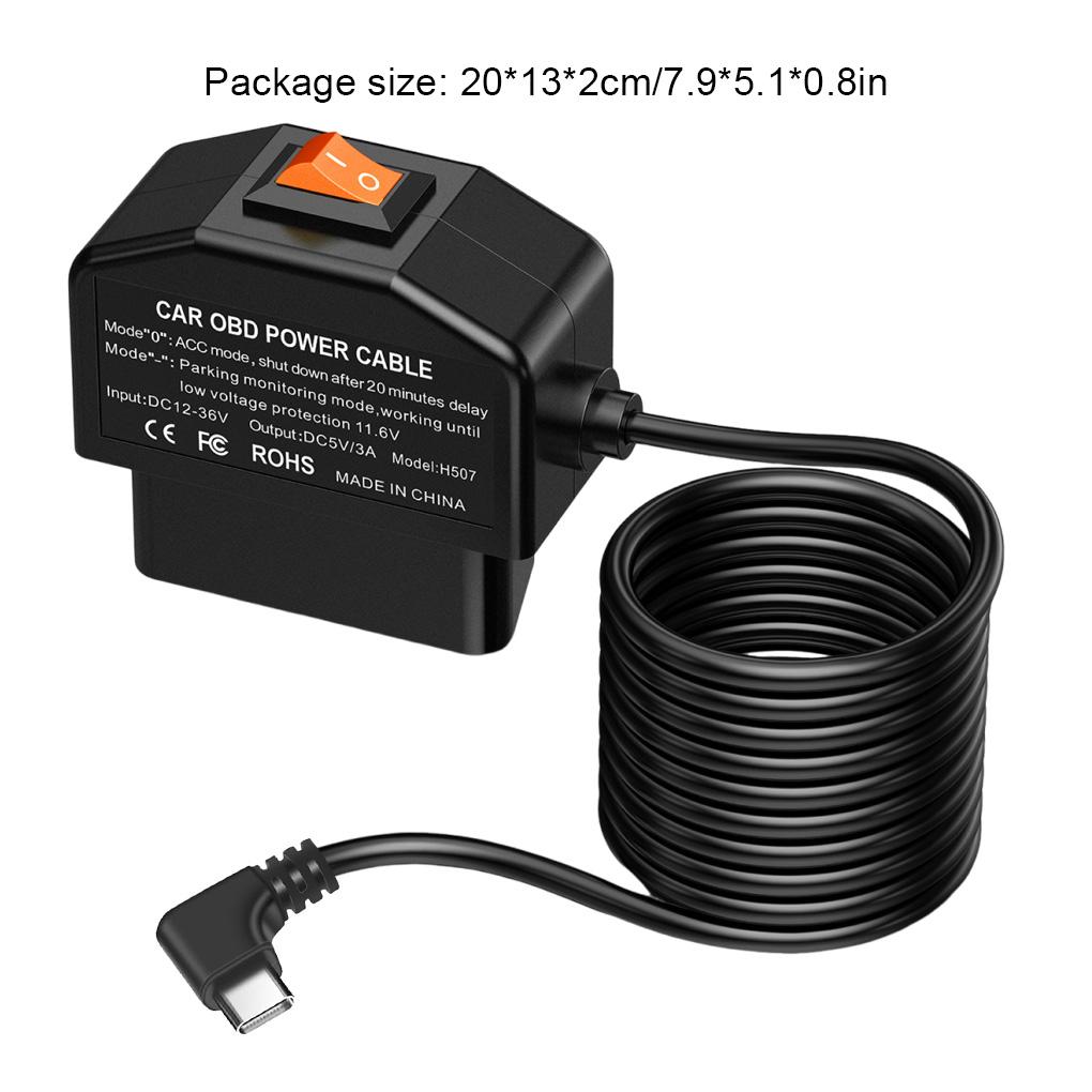 

OBDII Power Cable For Dash Camera OBDII Power Cable OBD To Type-C Adapter 12-24V To 5V/3A Battery Protection чорний