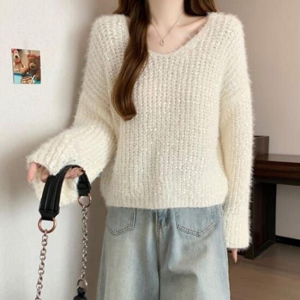 NaVaVa Women S Pearl V Neck Long SleeVe Knit Sweater Nk3399
