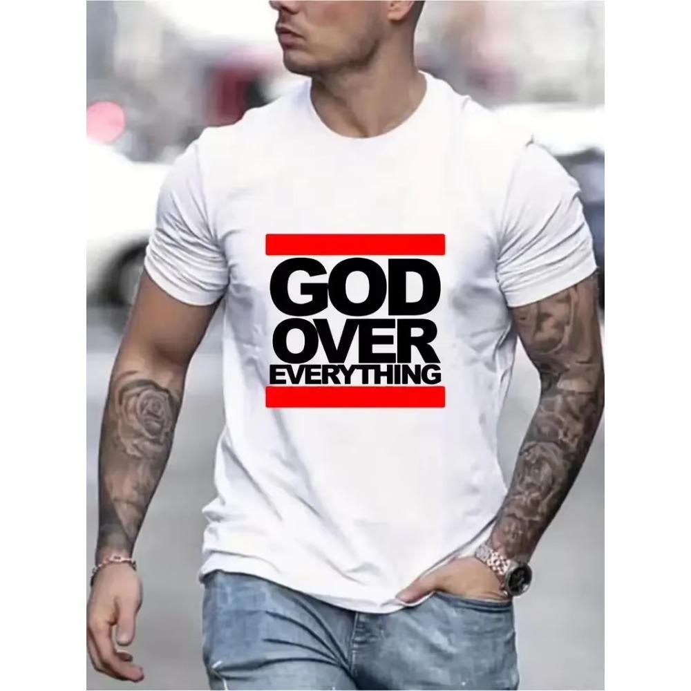 "God Over Everything" Graphic Print Men's Creative Top Casual Slightly Stretch Short Sleeve Crew Neck T-shirt Men's Tee  Outdoor