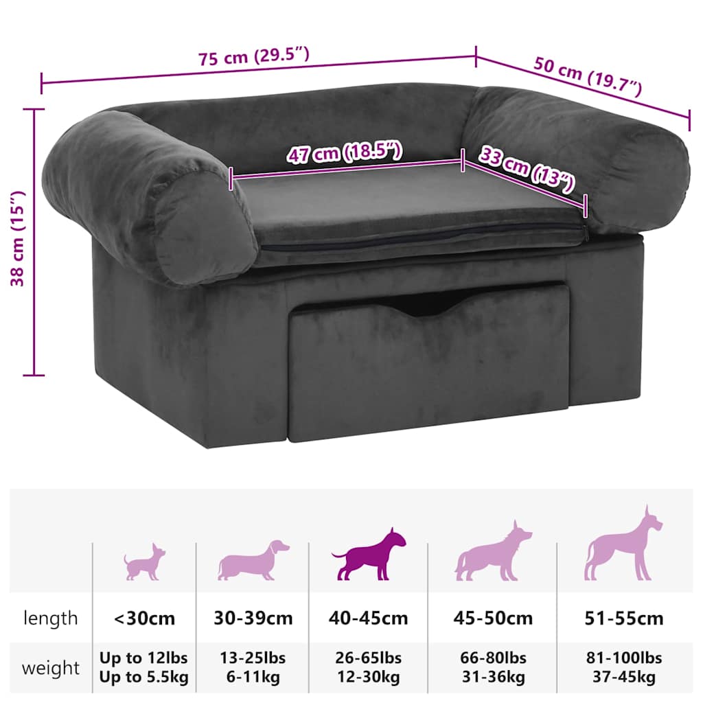 Vidaxl Dog Sofa, With Drawer, Dark Gray, 75X50X38 Cm, Plush