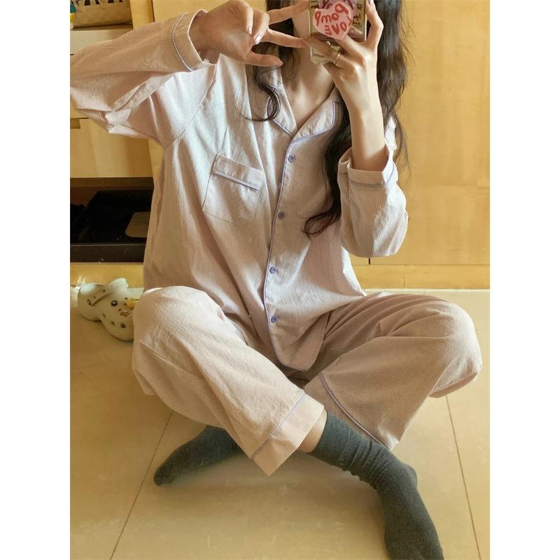 Women's Pajamas New Autumn Spring Long Sleeve Soft Sleepwear Set Grid Cartoon Pyjama Woman Home Nightwear Set Cardigan