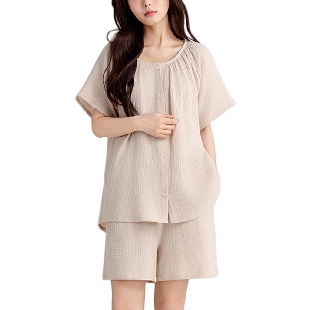 AQRTPXU Double Gauze Loungewear Set Sleeve Shirt and Crew Solid Perfect for Summer Women's Pajamas, 100% Cotton, 2-Piece (Short + Shorts), V-Neck