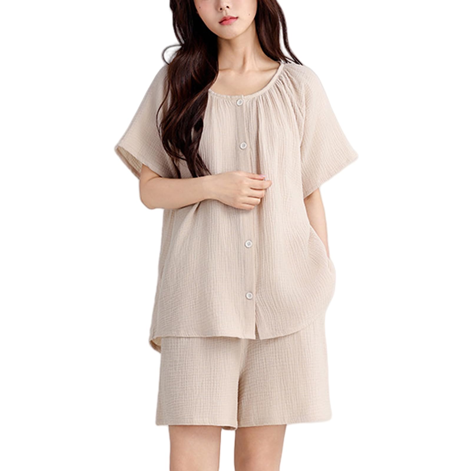 

AQRTPXU Double Gauze Loungewear Set Sleeve Shirt and Crew Solid Perfect for Summer Women s Pajamas, 100% Cotton, 2-Piece (Short + Shorts), V-Neck