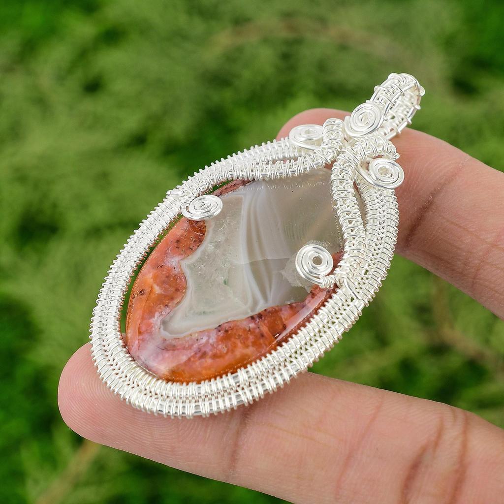 925 Sterling Silver Oval Botswana Agate Stone Wife Wire Wrapping Bezel Pendant