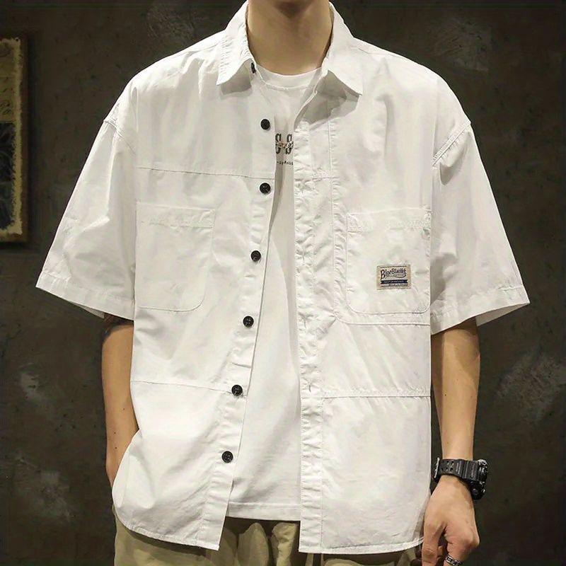 

Американская повседневная рубашка с коротким рукавом для мужчин, летняя модная удобная футболка, блузки High Street с простыми лацканами XS белый