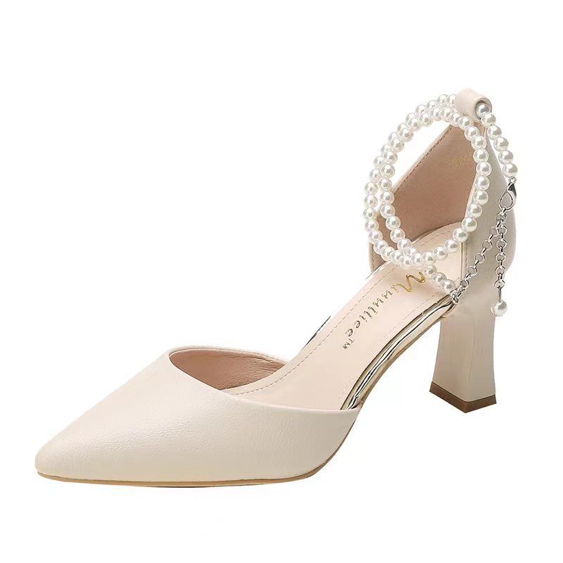 Sandals Women's Outer Wear 2025 Spring Summer French Thick Heel Design Sense Pearl Women's Single Shoes Medium Heel Pointed High Heels