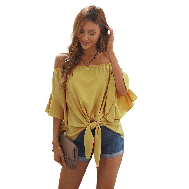 

American Shiying Solid All-Match off-Neck Chiffon Shirt Women 2025 Summer New off-Shoulder Half Sleeve Pullover Yellow Size S fit (45.00 kg-55.00 kg