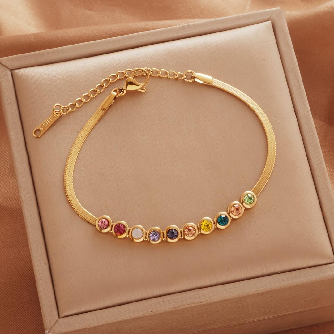 Fashionable and luxurious colorful rhinestone bracelet, stainless steel gold-plated snake bone chain necklace, versatile accessory for women, gift Gold-plated bracelet