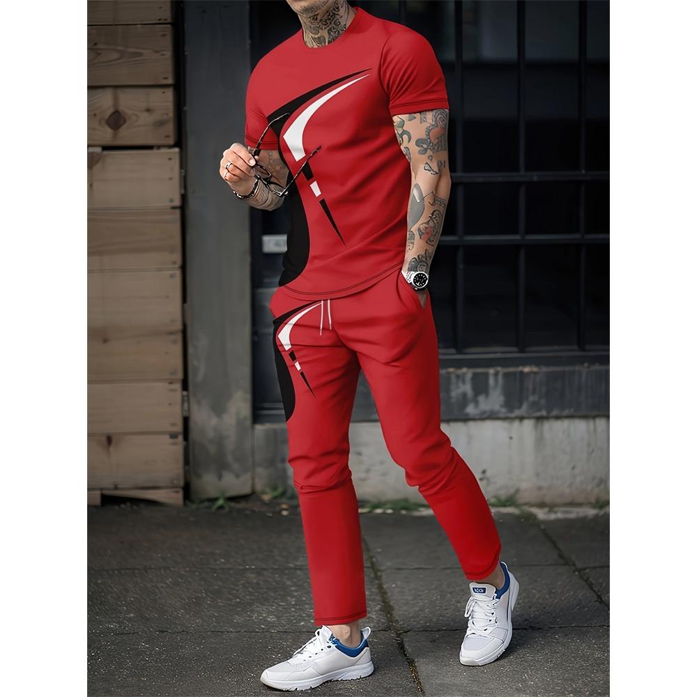New Summer Men's Sports Suit Men's Round Neck Splicing Printed Short-sleeved T-shirt Loose Pants Two-piece Set Streetwear