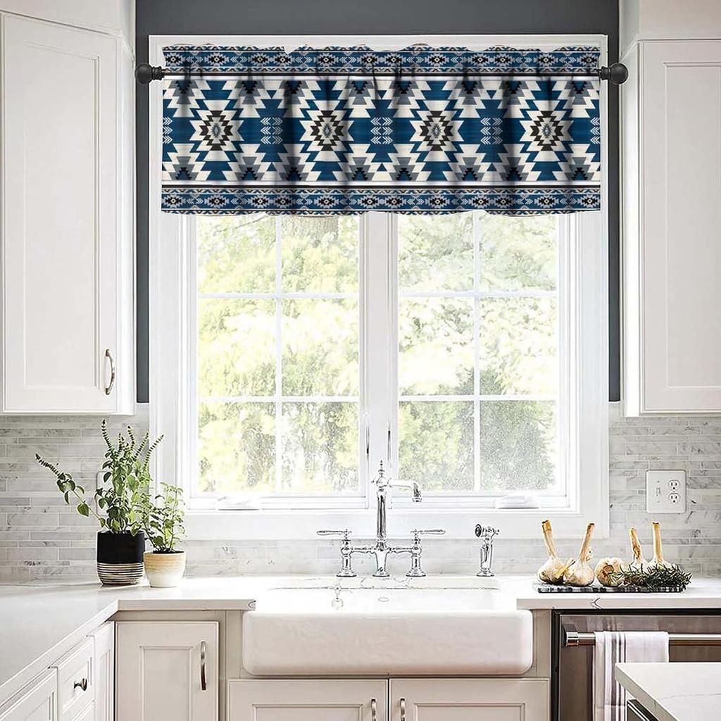 Blue Tribal Valance, Navajo Native American Navy Blue White Aztec Ethnic Geometric Print Blackout Short Window Curtain Drape for Kitchen Bedroom Cafe