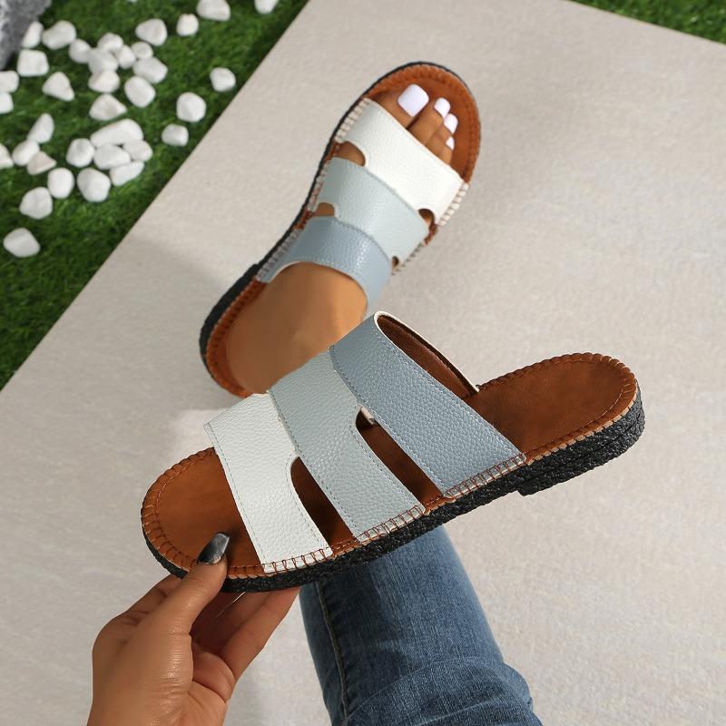 

Large size splicing flat-bottomed slippers women s round head woven word outside wearing beach cool slippers wish 43 светло-серый
