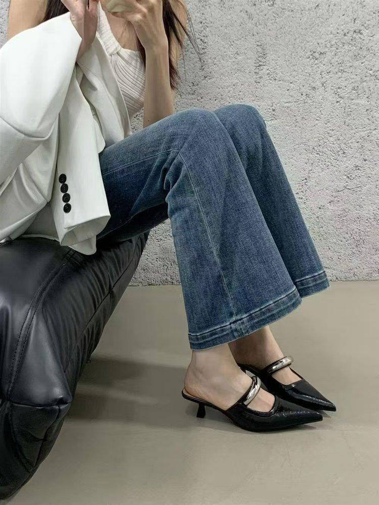 French Pointed Toe Bag Head Half Slippers Women's 2025 New Outer Wear Thin Heel Medium Heel Soft Leather Soft Bottom Slippers