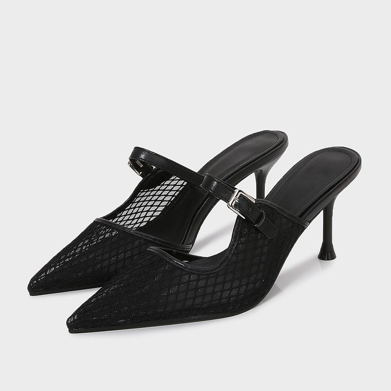 Fashion pointed toe air-mesh high heels slippers women sexy lace thin heel party shoes ankle belt lace mules shoees woman flip flops