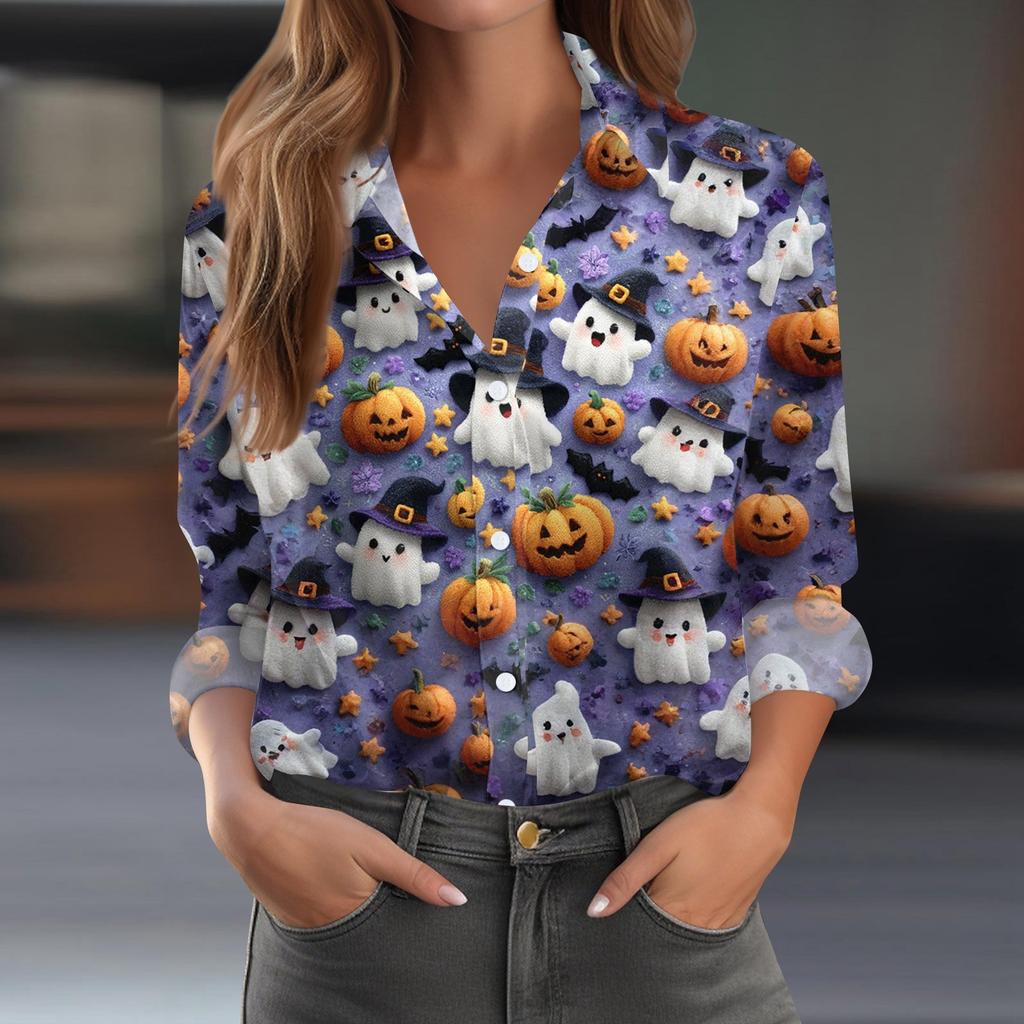 Damen Hemd Bluse Halloween Print Knopf Langarm Lässig Basic Hemdkragen Regulär Top