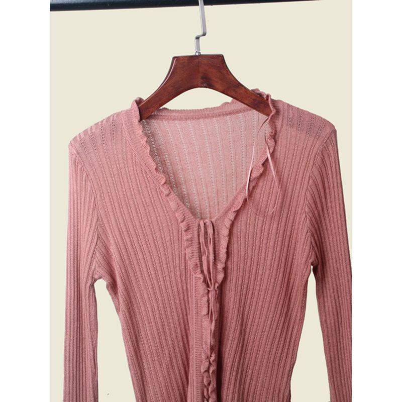 Stringy Selvedge Lace-up Thin Knitting Cardigan Foreign Trade Original Order Pure Color Silm Outer Wear Sweet Spicy Women's Long Sleeve Outer Tops