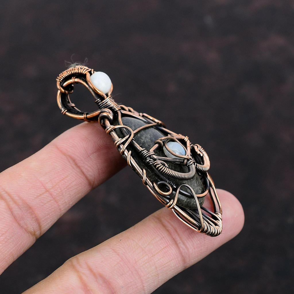 Evil Eye Silver Sheen Obsidian Pendant Rainbow Moonstone Pendant Copper Wire Wrapped Pendant Gemstone Jewelry Handmade Pendant Gift For Him