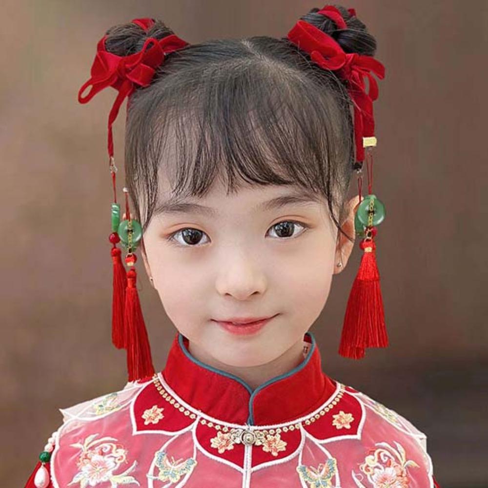 Butterfly Satin Red Long Headband Bell Chinese Long Hairband Good Luck New Year Hair Rope  Party