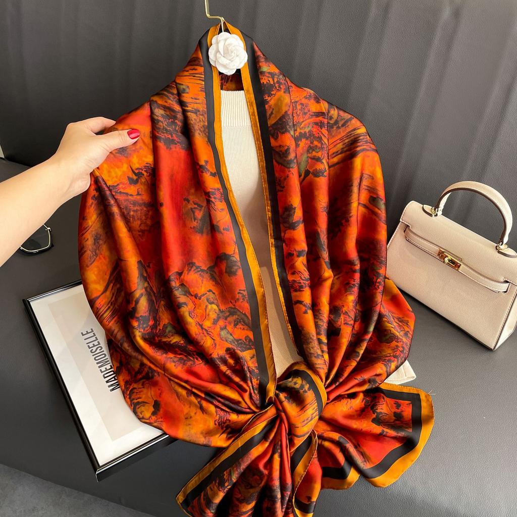 Botanischer Rosenblumen-Blumenschal aus Satin, langer Seidenschal, Geschenk für Mama, Sonnenschutz, Außenschal