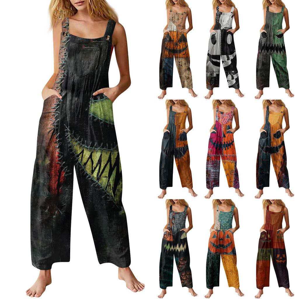Women's Fashion Halloween Print Casual Vintage Sleeveless Button Jumpsuit