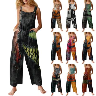 Women's Fashion Halloween Print Casual Vintage Sleeveless Button Jumpsuit