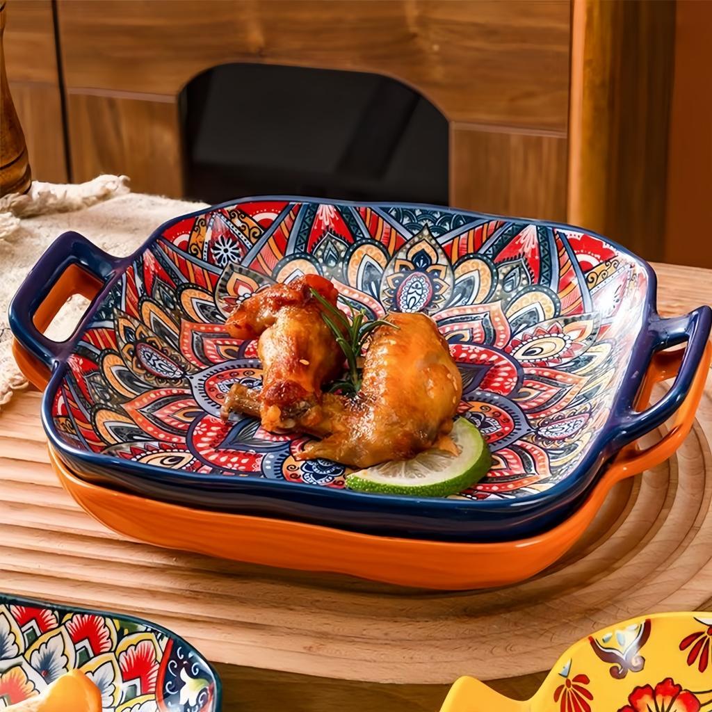 Bohemian Double Ear Square Ceramic Plate Creative Household Dish Plate Net Red Fruit Spaghetti Plate Oven Microwave Oven-9inch